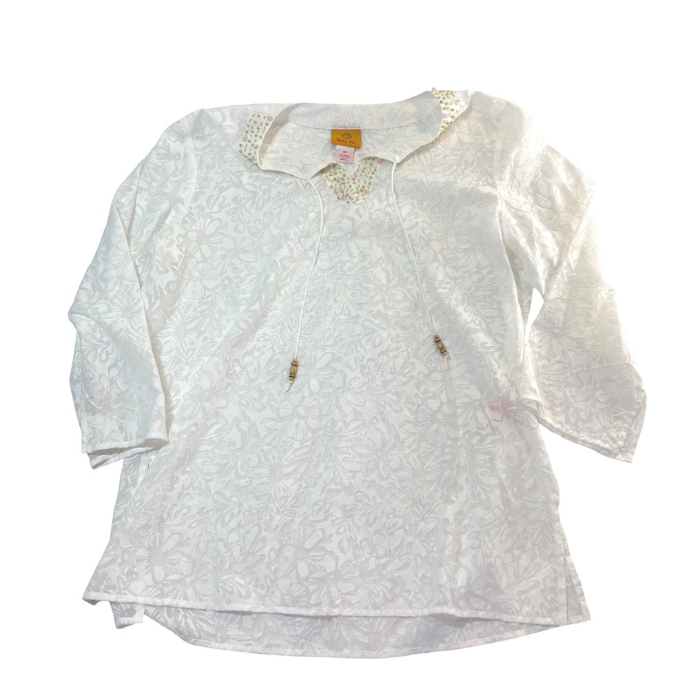 Ruby Rd Womens White Floral Burnout Tunic Top Beaded Split Neck Size 14 Boho